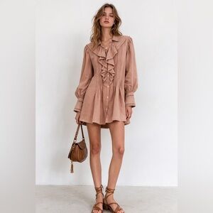 Free People boho chic neutral rose/brown toned long sleeve ruffle mini dress. S